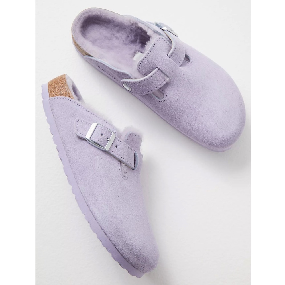 Birkenstock Boston Shearling Suede Clogs Purple Fog - Picture 3 of 17